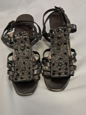 Vince Camuto Gunmetal Beaded Strappy Sandals 3 1/2 In.wedge Heel..on The Town